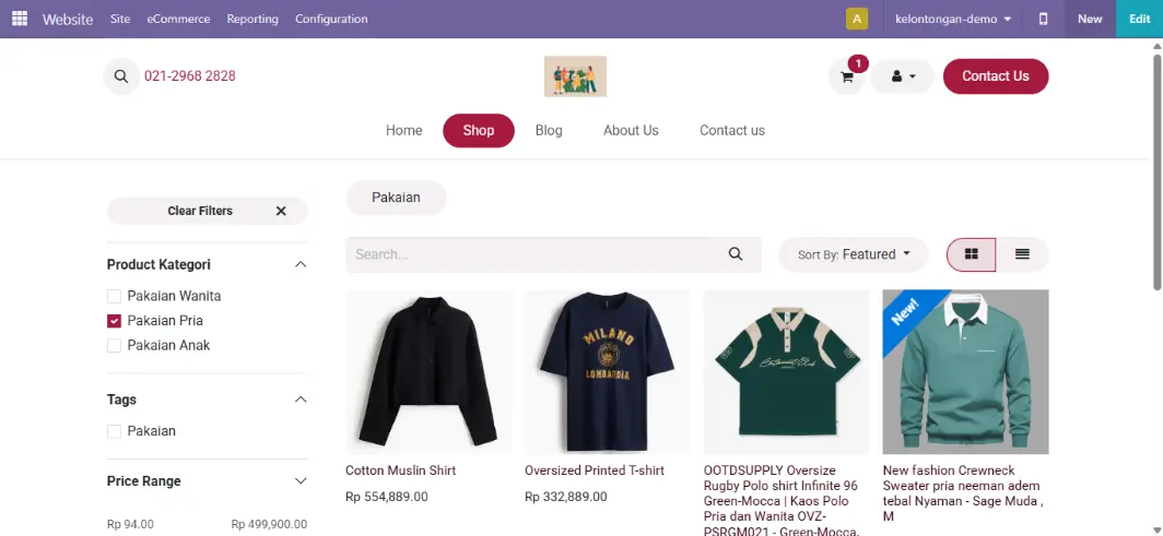 Shop page with side filters